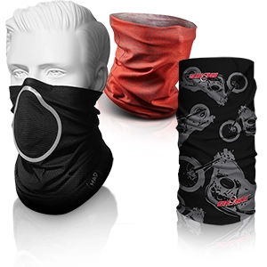 Diferentes toallas tubulares para motociclistas en negro, rojo y con estampado de motos.